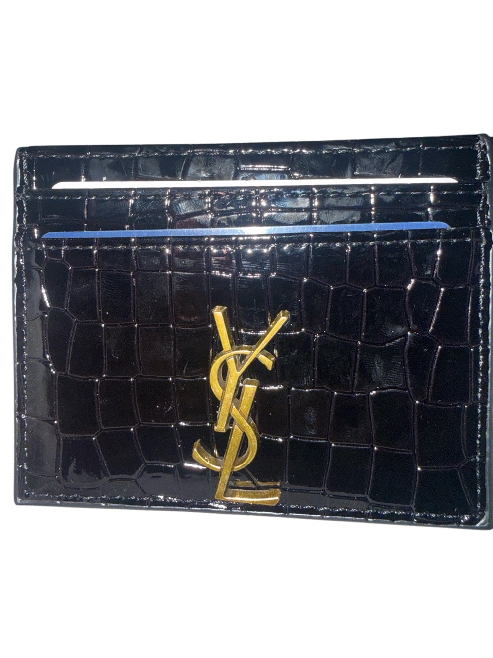 Black Croc Embossed Card Holder Slim Wallet Credit Card Case Gold Hardware